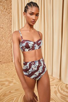 Zahara Bikini Top - Pietra & Other Stories Swimwear, Underwire Tropical Print Swimwear, Printed Tie-side Bottom Swimwear, Underwire Tropical Print Beachwear, Nyc Boutiques, Tropical Swimwear With Built-in Bra And Underwire, Shibori Print, Brown And Blue, Diagonal Stripes