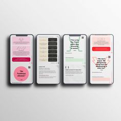 three iphones with different types of text on them, one is white and the other is pink