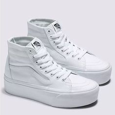 New Without Box. Vans White Platform Sneakers With Vulcanized Sole, White Vans Platform Sneakers With Vulcanized Sole, White Lace-up Vans Platform Sneakers, White Hightop Vans, Vans Platform Sneakers, Vans Sk8 Hi Platform, Hi Top Vans, Glitter Vans, Vans Slip On Shoes