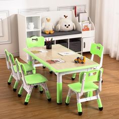 a child's table and chairs in a room