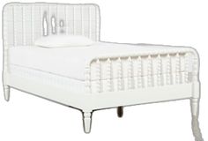 a white bed with an upholstered headboard and foot board is shown in front of a white background