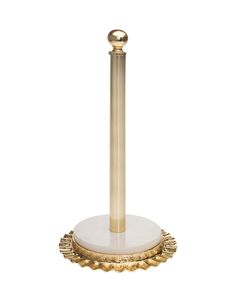 a gold and white candle holder with a round base on a white background, it looks like an object that could be used for candles