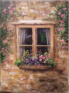 a painting of a window with flowers in it