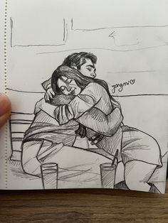 a drawing of two people sitting on a bench, one holding the other's head