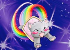 a drawing of a cat flying through the air with a rainbow ring around its neck