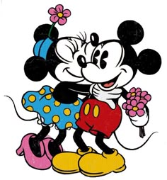 a cartoon mickey mouse with flowers in his hand