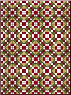 a red and green checkered quilt with squares in the center, on a white background