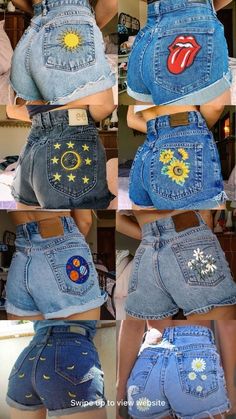 the back of shorts with patches on them are shown in four different pictures, including one showing