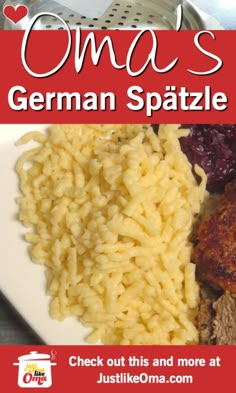 an advertisement for a german spaatze restaurant with meat and rice on the side