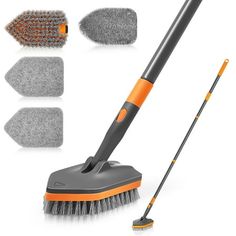 an orange and black broom with various cleaning supplies