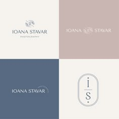 the logo for joan stavr photography is shown in four different colors and font