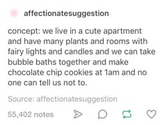 the text reads, affectionate suggestion concept we live in a cute apartment and have many plants and rooms with fairy lights and candles and we can make bubble