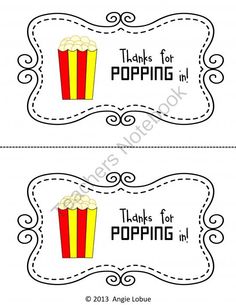 two movie tickets with popcorn on them and the words thank you for popping written in black ink