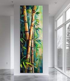 an abstract painting of bamboo trees in front of large windows