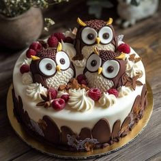 two owls sitting on top of a cake with raspberries and cream frosting