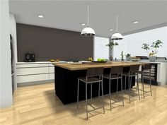 an image of a modern kitchen setting with bar stools and island in the middle