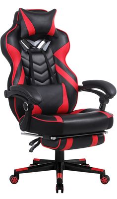 an office chair with red and black leather upholstered to the back, on wheels