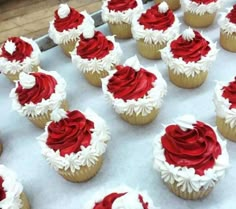 cupcakes with red and white frosting on a tray