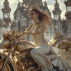 a woman riding on the back of a gold motorcycle