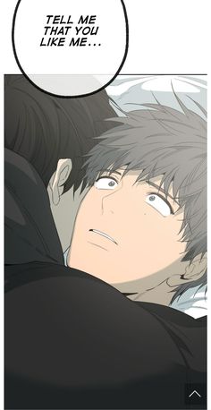 an anime character is laying down with his head on the back of another person's shoulder