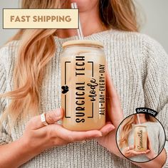 a woman holding a drink in her hand with the caption fast shipping on it