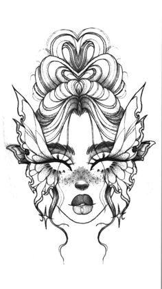 a drawing of a woman's face with butterfly wings on her head and eyes