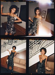 four pictures of a woman in a black and silver dress posing for the camera with her arms outstretched