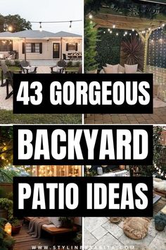 the backyard patio is decorated with string lights