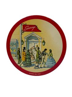 a plate with an image of people in front of a store