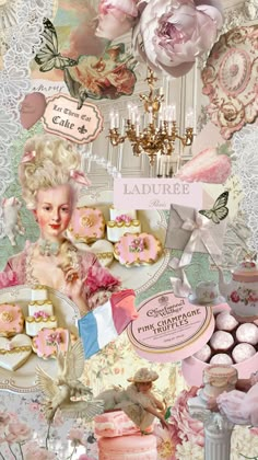 a collage of pink and white cakes, cupcakes, and other items