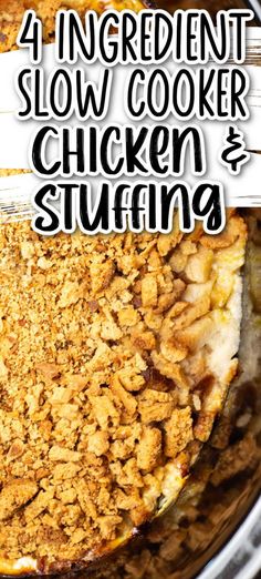 four ingredient slow cooker chicken and stuffing in a crock pot with text overlay