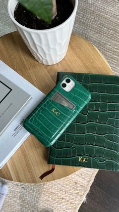 a green case sitting on top of a wooden table next to a potted plant