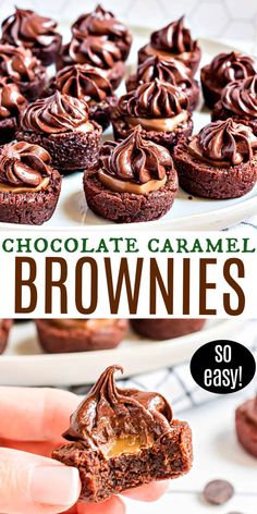 chocolate caramel brownies on a white platter with the title text overlay