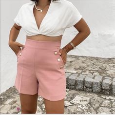 New With Tag! Pink High Waist Summer Pants, Summer High Waist Pink Pants, Pink Pants With Built-in Shorts For Spring, Trendy Short Pink Pants, Trendy Pink Short Length Pants, Trendy Short Length Pink Pants, Trendy Short-length Pink Pants, Chic Pink Shorts, Pink Short Length Pants For Spring