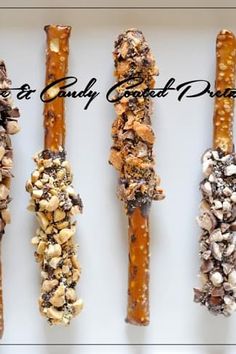 four different types of candy sticks with nuts on them and the words sweet candy candies written below