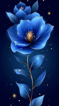 a blue flower on a dark background with stars in the sky and some leaves around it