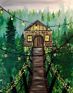 a painting of a house in the woods with lights strung from it's roof