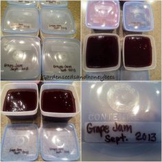 four different containers with jams in them on the counter and labeled confecties grape jam