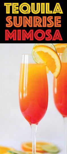 tequila sunrise mimosa with orange wedges on the rim