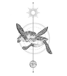 a drawing of two sea turtles in flight with the sun above them and an arrow pointing to