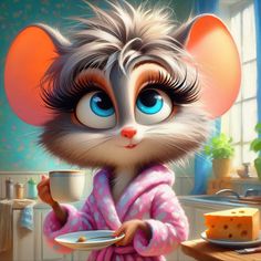 a cartoon mouse holding a plate with cheese on it