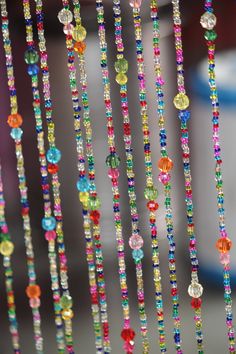 multicolored beads hanging from the ceiling