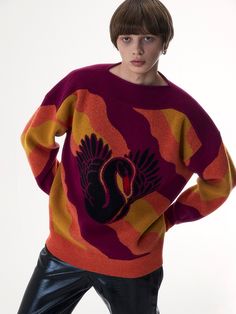 Editor's notesIt is a long sleeves sweater for unisex. The sweater is in jacquard textile and intarsia knitting on shoulder. The sweater has an artwork of swan on the front and diagonal wavy stripe as a point. The sweater has an oversized balloon fit silhouette.- Bateau neck- Artwork point- Ribbed neck, cuffs, hem- Elastic on cuffs, hem, shoulderMeasurements(in.)One Size- Length: 29.1 in.- Shoulder: 25.2 in.- Chest: 26.4 in.- Sleeve Length: 22.4 in.*Model info: Height 5’ 7” Bust 31” Waist 23” Hi Swan Sweater, Line Sweater, Intarsia Knitting, Sleeves Sweater, Bateau Neck, Long Sleeve Sweater, Knitwear, Textiles, Long Sleeves