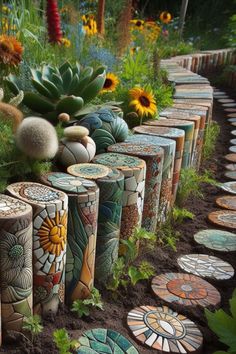 many different colored vases are lined up in the dirt near flowers and succulents