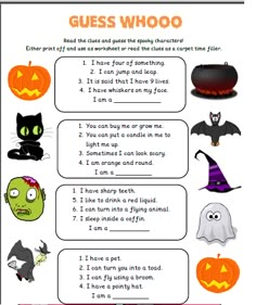 halloween guess whoo worksheet for kids with pictures and words on the page