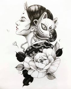 a drawing of a woman with flowers on her head and an evil face in the background