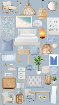 a collage of furniture and decor in shades of blue