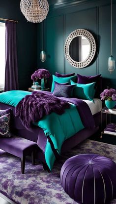 a bedroom with purple and teal colors in the bedding, rugs and pillows