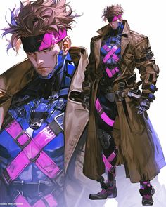 two anime characters standing next to each other in front of a white background with pink and blue accents