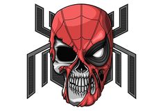 a skull with a spider - man mask on it's face and two swords in the background